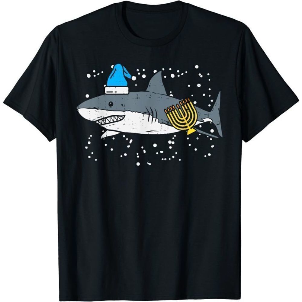 Jewish Shark Menorah Hanukkah Funny Holiday Graphic T-Shirt